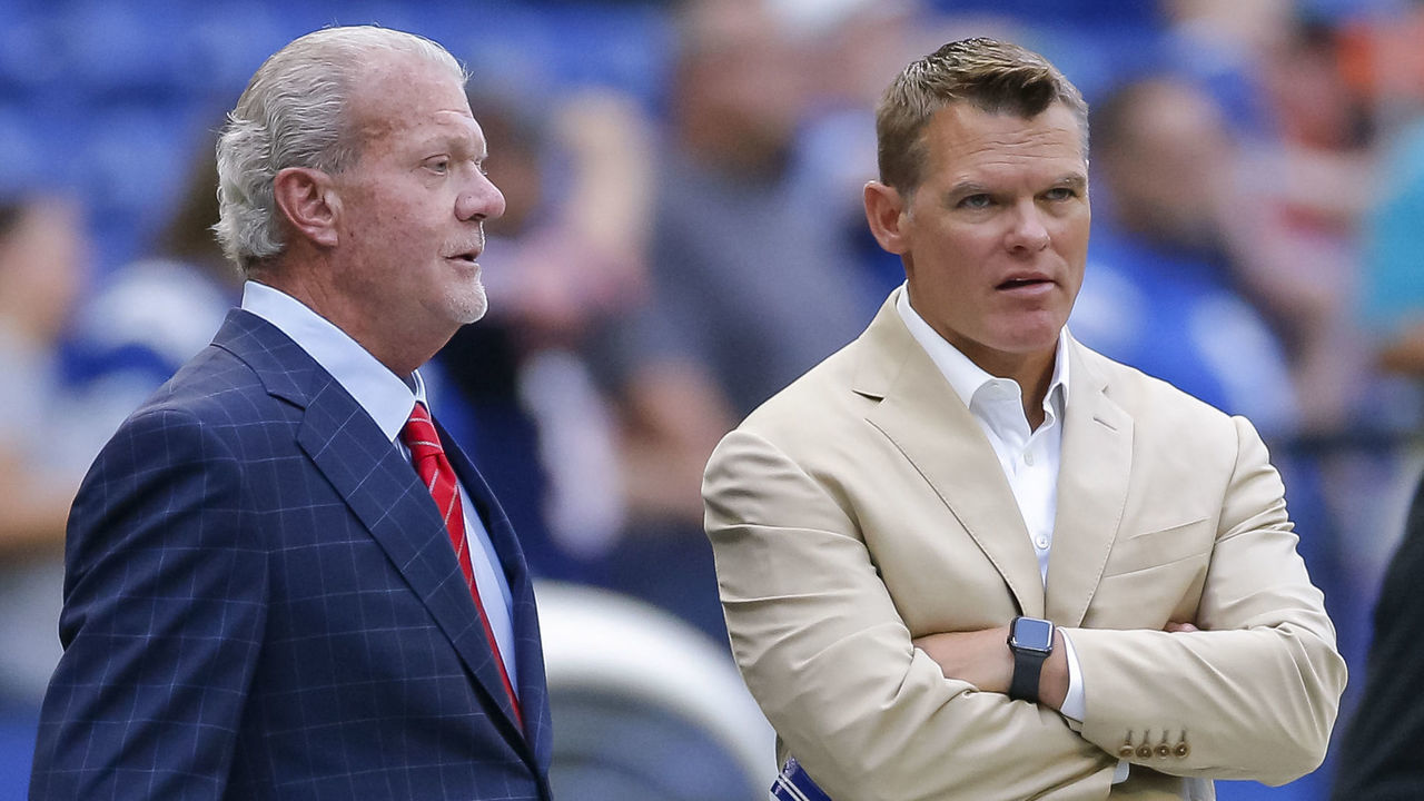 INDIANAPOLIS, IN - AUGUST 24: Indianapolis Colts owner Jim Irsay and general manager Chris Ballard watch pregame warmups before a preseason game against the Chicago Bears at Lucas Oil Stadium on August 24, 2019 in Indianapolis, Indiana.