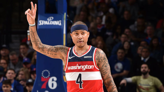 PHILADELPHIA, PA - DECEMBER 21: Isaiah Thomas #4 of the Washington Wizards makes a call during the game against the Philadelphia 76ers on December 21, 2019 at the Wells Fargo Center in Philadelphia, Pennsylvania. NOTE TO USER: User expressly acknowledges and agrees that, by downloading and/or using this Photograph, user is consenting to the terms and conditions of the Getty Images License Agreement. Mandatory Copyright Notice: Copyright 2019 NBAE