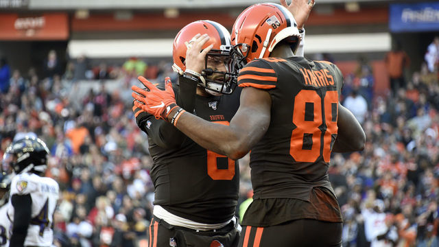 CLEVELAND, OHIO - DECEMBER 22: Baker Mayfield #6 and Demetrius Harris #88 of the Cleveland Browns celebrate after scoring a touchdown against the Baltimore Ravens during the second quarter in the game at FirstEnergy Stadium on December 22, 2019 in Cleveland, Ohio.