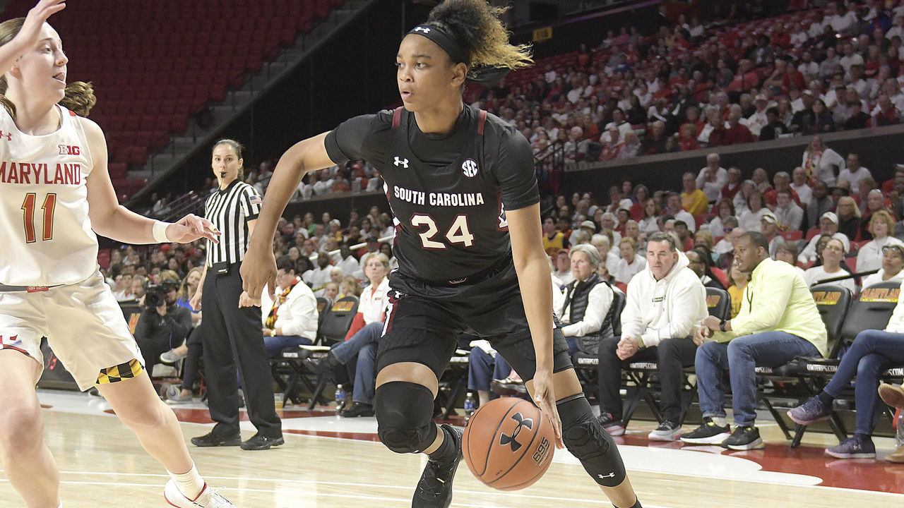 COLLEGE PARK, MD - NOVEMBER 10: LeLe Grissett #24 of the South Carolina Gamecocks dribbles the ball during a women's basketball game against the against the Maryland Terrapins at the Xfinity Center on November 10, 2019 in College Park, Maryland.