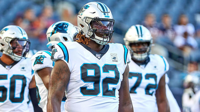 CHICAGO, IL - AUGUST 08: Carolina Panthers defensive tackle Vernon Butler (92) warms up prior to game action during a NFL preseason game between the Carolina Panthers and the Chicago Bears on August 8, 2019 at Soldier Field, in Chicago, IL.