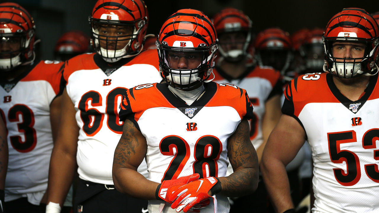 MIAMI, FLORIDA - DECEMBER 22: Joe Mixon #28 of the Cincinnati Bengals waits to take the field against the Miami Dolphins at Hard Rock Stadium on December 22, 2019 in Miami, Florida.