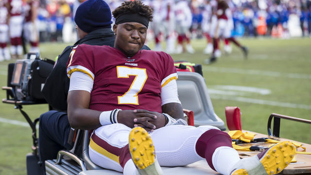LANDOVER, MD - DECEMBER 22: Dwayne Haskins #7 of the Washington Redskins is carted off the field after an injury during the second half of the game against the New York Giants at FedExField on December 22, 2019 in Landover, Maryland.