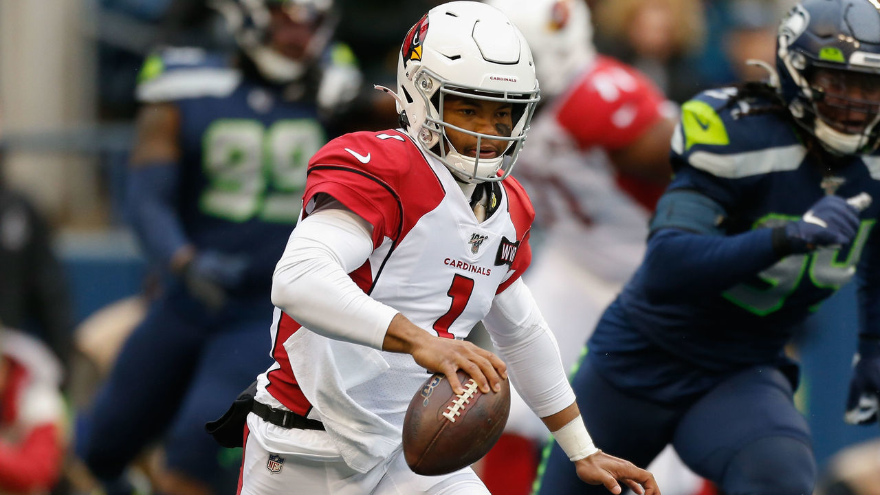 SEATTLE, WA - DECEMBER 22: Quarterback Kyler Murray #1 of the Arizona Cardinals rushes against the Seattle Seahawks at CenturyLink Field on December 22, 2019 in Seattle, Washington.