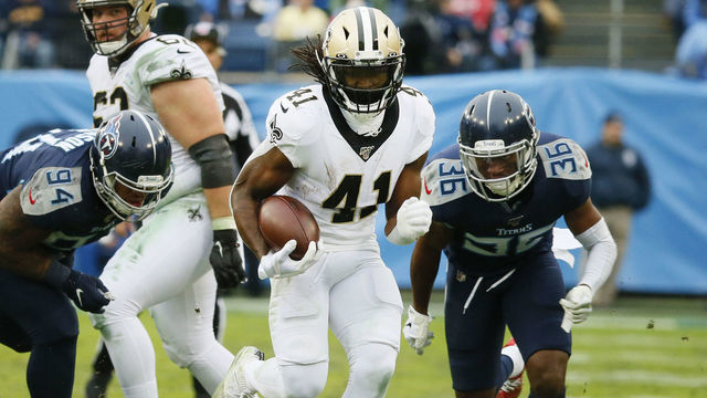 NASHVILLE, TENNESSEE - DECEMBER 22: Running back Alvin Kamara #41 of the New Orleans Saints runs the ball for a touchdown during the third quarter against the Tennessee Titans in the game at Nissan Stadium on December 22, 2019 in Nashville, Tennessee.
