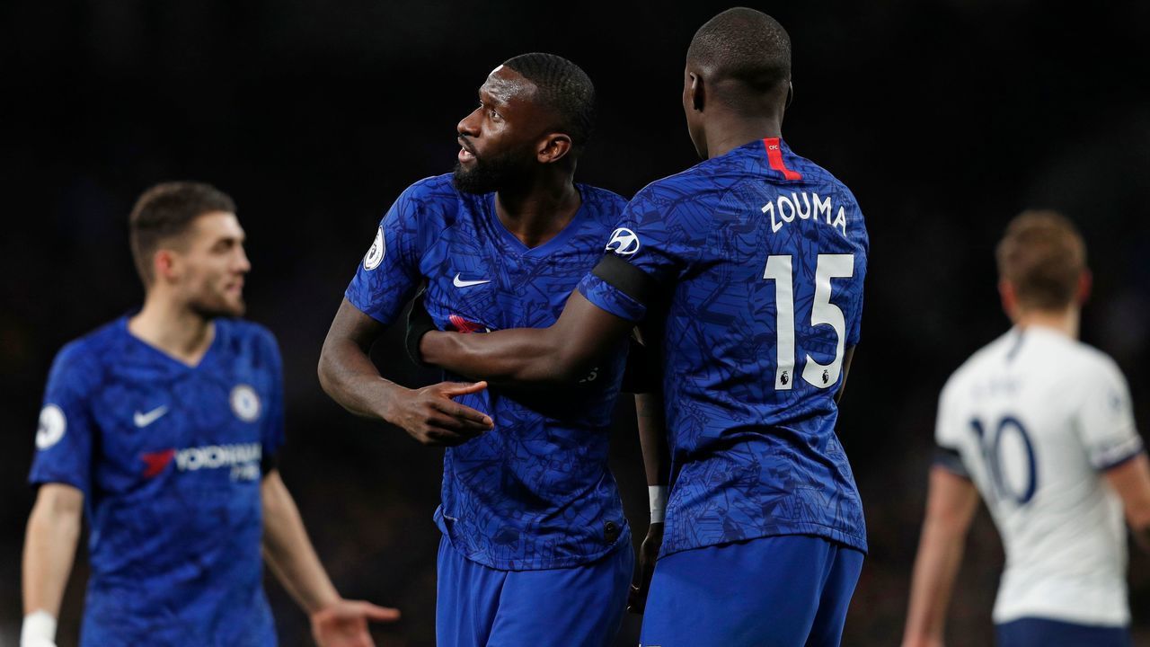 Chelsea's French defender Kurt Zouma (R) and Chelsea's German defender Antonio Rudiger (2nd L) reacts during the English Premier League football match between Tottenham Hotspur and Chelsea at Tottenham Hotspur Stadium in London, on December 22, 2019.