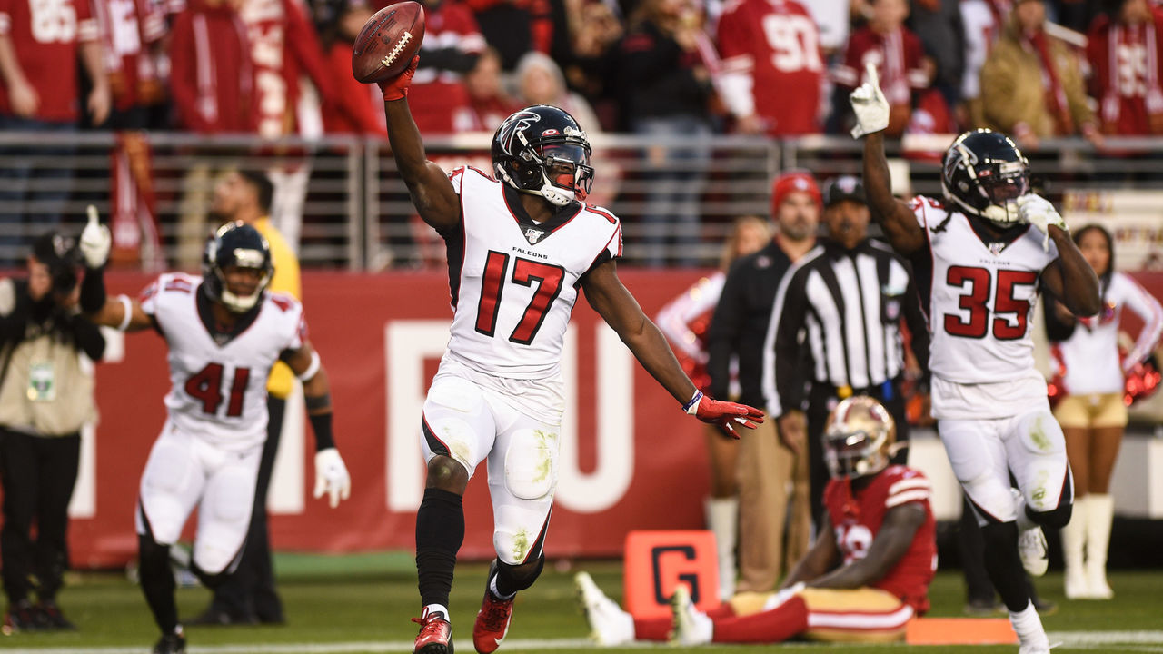 SANTA CLARA, CA - DECEMBER 15: Atlanta Falcons Wide Receiver Olamide Zaccheaus (17) celebrates after scoring a touchdown on a fumble recovery to end the NFL game between the Atlanta Falcons and San Francisco 49ers at Levi's Stadium on December 15, 2019 in Santa Clara, CA.