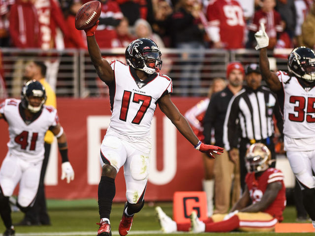 SANTA CLARA, CA - DECEMBER 15: Atlanta Falcons Wide Receiver Olamide Zaccheaus (17) celebrates after scoring a touchdown on a fumble recovery to end the NFL game between the Atlanta Falcons and San Francisco 49ers at Levi's Stadium on December 15, 2019 in Santa Clara, CA.