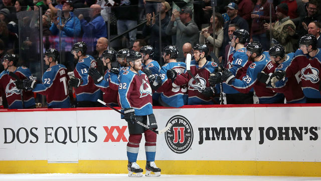 DENVER, COLORADO - DECEMBER 19: Gabriel Landeskog #92 of the Colorado Avalanche celebrates a goal against the Carolina Hurricanes in the third period at the Pepsi Center on December 19, 2019 in Denver, Colorado.