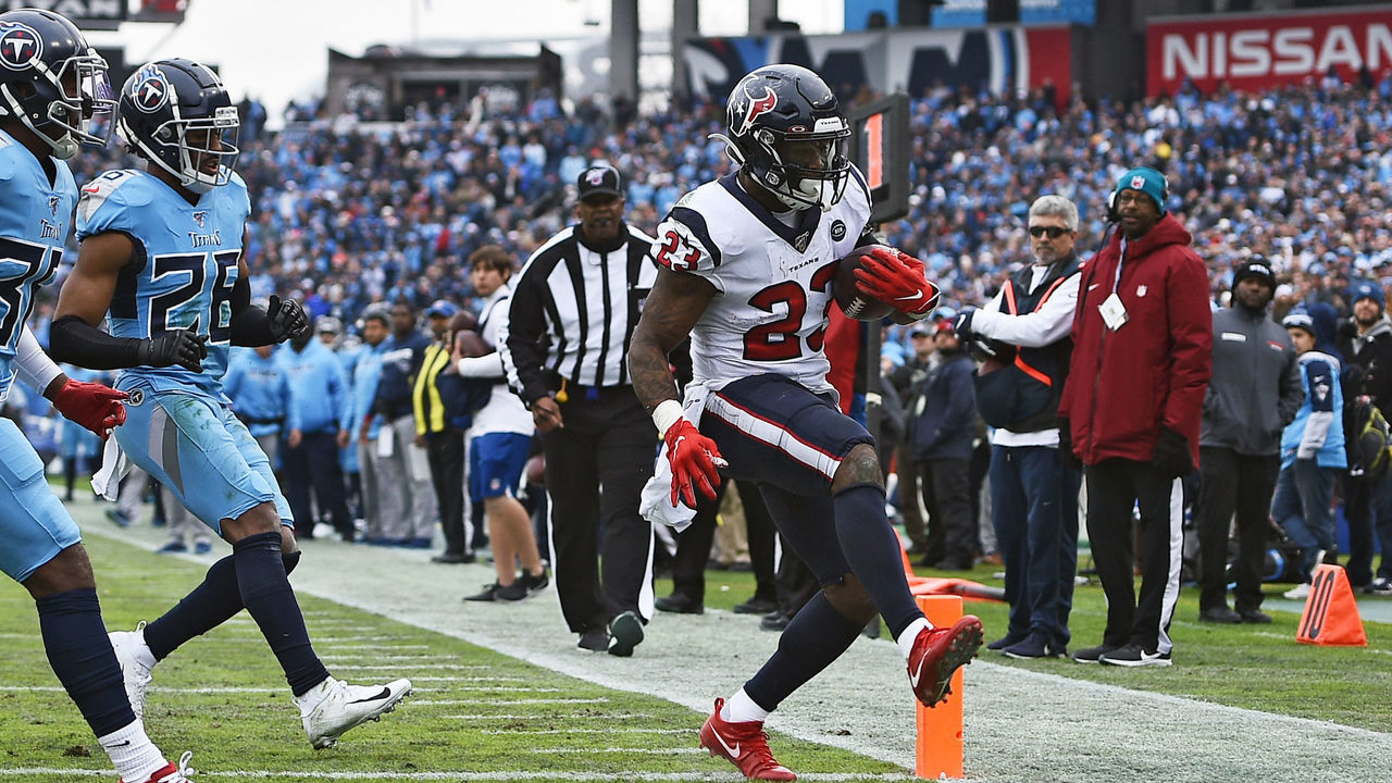 NASHVILLE, TN - DECEMBER 15: Houston Texans running back Carlos Hyde (23) scores a touchdown during an NFL game between the Houston Texans and the Tennessee Titans on December, 15, 2019, at Nissan Stadium in Nashville, TN.