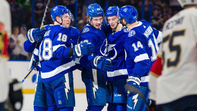 TAMPA, FL - DECEMBER 23: Mikhail Sergachev #98 of the Tampa Bay Lightning celebrates a goal with teammates against the Florida Panthers during the first period at Amalie Arena on December 23, 2019 in Tampa, Florida