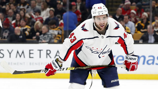 BOSTON, MA - JANUARY 10: Washington Capitals right wing Tom Wilson (43) during a game between the Boston Bruins and the Washington Capitals on January 10, 2019, at TD Garden in Boston, Massachusetts.