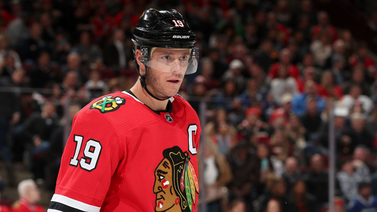 CHICAGO, IL - NOVEMBER 07: Jonathan Toews #19 of the Chicago Blackhawks looks down the ice in the second period against the Vancouver Canucks at the United Center on November 7, 2019 in Chicago, Illinois. The Chicago Blackhawks defeated the Vancouver Canucks 5-2.