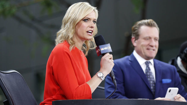 BOSTON, MA - MAY 29: NBCSN's Kathryn Tappen broadcasts before Game 2 of the 2019 Stanley Cup Finals between the Boston Bruins and the St. Louis Blues on May 29, 2019, at TD Garden in Boston, Massachusetts.