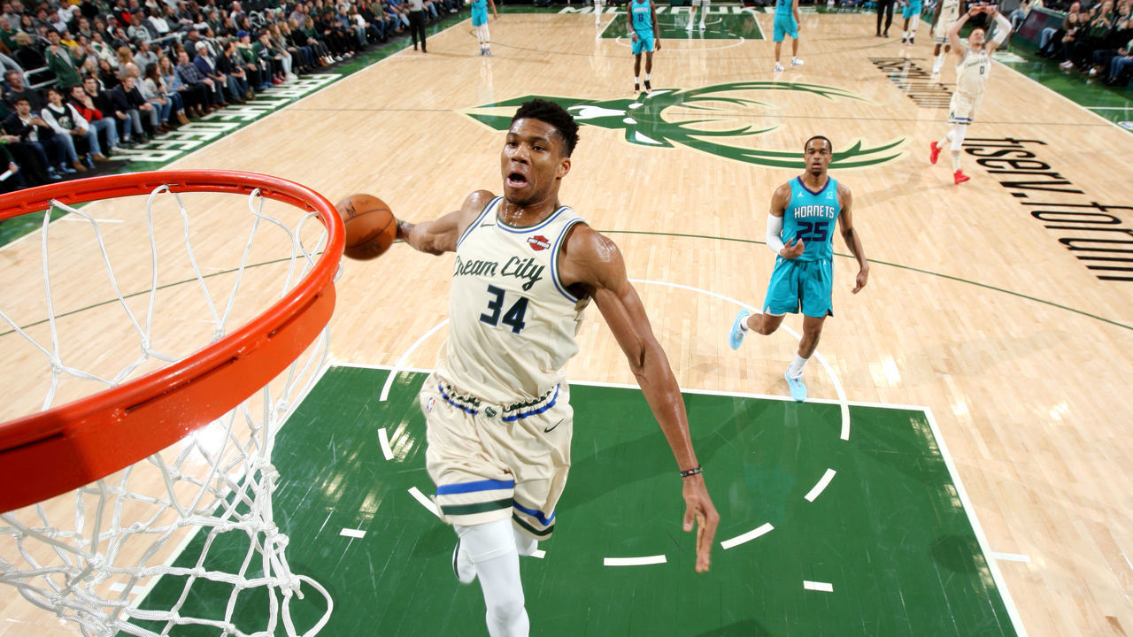 MILWAUKEE, WI - NOVEMBER 30: Giannis Antetokounmpo #34 of the Milwaukee Bucks dunks the ball during a game against the Charlotte Hornets on November 30, 2019 at the Fiserv Forum Center in Milwaukee, Wisconsin. Mandatory Copyright Notice: Copyright 2019 NBAE .