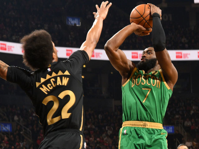 TORONTO, CANADA - DECEMBER 25: Jaylen Brown #7 of the Boston Celtics shoots the ball against the Toronto Raptors on December 25, 2019 at the Scotiabank Arena in Toronto, Ontario, Canada. Mandatory Copyright Notice: Copyright 2019 NBAE