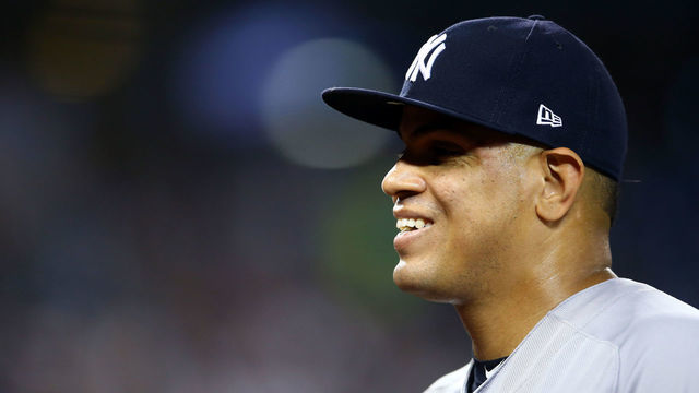 TORONTO, ON - SEPTEMBER 15: Dellin Betances #68 of the New York Yankees walks back to the dugout in the fourth inning during a MLB game against the Toronto Blue Jays at Rogers Centre on September 15, 2019 in Toronto, Canada.
