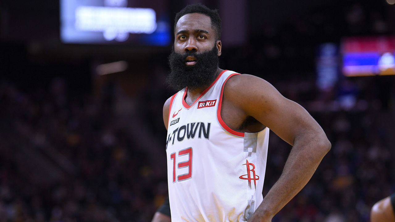 SAN FRANCISCO, CALIFORNIA - DECEMBER 25: James Harden #13 of the Houston Rockets reacts after a teammate was called for a foul against the Golden State Warriors during the second half of an NBA basketball game at Chase Center on December 25, 2019 in San Francisco, California.