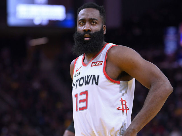 SAN FRANCISCO, CALIFORNIA - DECEMBER 25: James Harden #13 of the Houston Rockets reacts after a teammate was called for a foul against the Golden State Warriors during the second half of an NBA basketball game at Chase Center on December 25, 2019 in San Francisco, California.