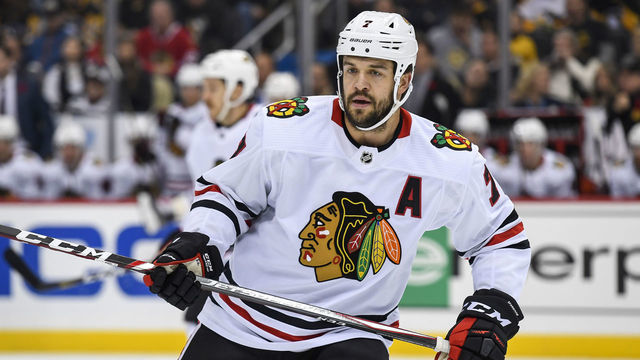 PITTSBURGH, PA - NOVEMBER 09: Chicago Blackhawks Defenseman Brent Seabrook (7) looks on during the first period in the NHL game between the Pittsburgh Penguins and the Chicago Blackhawks on November 9, 2019, at PPG Paints Arena in Pittsburgh, PA.