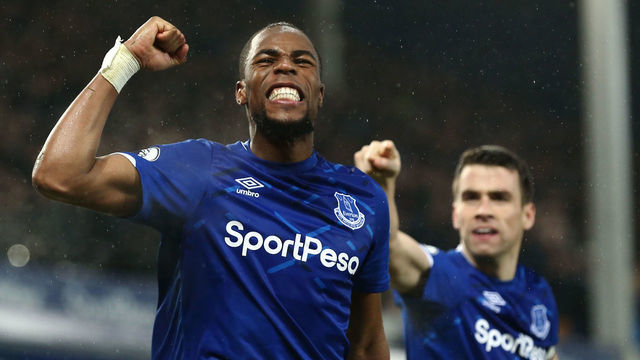 LIVERPOOL, ENGLAND - DECEMBER 26: Seamus Coleman and Djibril Sidibe celebrate the Dominic Calvert-Lewin (not in frame) of Everton goal during the Premier League match between Everton FC and Burnley FC at Goodison Park on December 26, 2019 in Liverpool, United Kingdom.