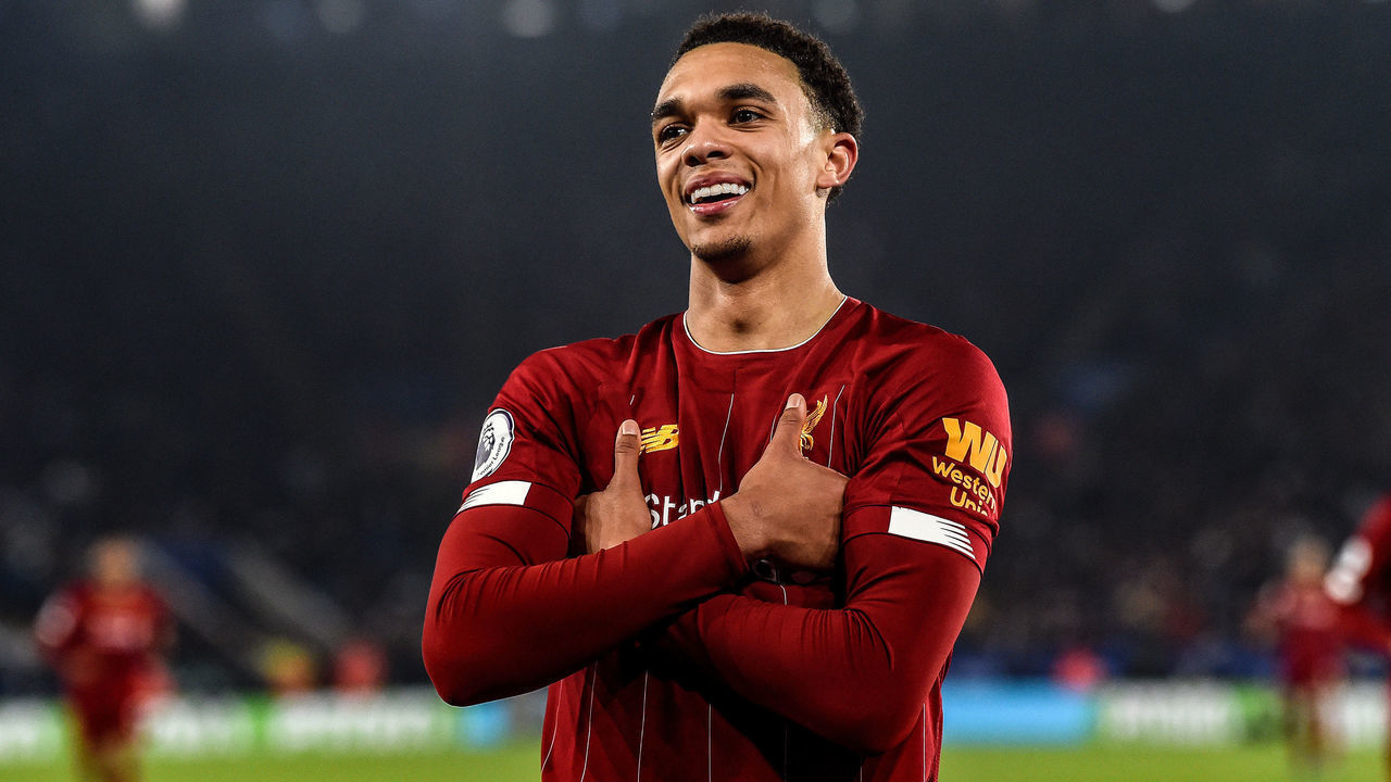 LEICESTER, ENGLAND - DECEMBER 26: (THE SUN OUT, THE SUN ON SUNDAY OUT) Trent Alexander-Arnold of Liverpool celebrating after scoring a goal during the Premier League match between Leicester City and Liverpool FC at The King Power Stadium on December 26, 2019 in Leicester, United Kingdom.