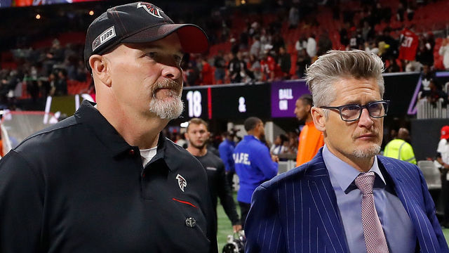 ATLANTA, GEORGIA - NOVEMBER 28: Head coach Dan Quinn and general manager Thomas Dimitroff of the Atlanta Falcons walk off the field after their 26-18 loss to the New Orleans Saints at Mercedes-Benz Stadium on November 28, 2019 in Atlanta, Georgia.