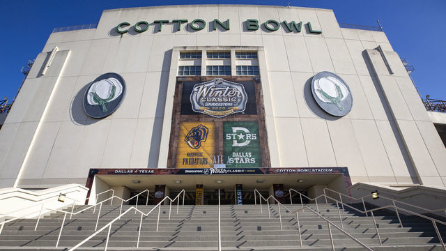DALLAS, TX - DECEMBER 23: A general view of signage outside Cotton Bowl Stadium as they prepare for the 2020 NHL Winter Classic on December 23, 2019 in Dallas, Texas. The Nashville Predators and the Dallas Stars will face-off Jan. 1st.