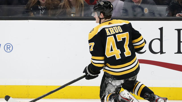 BOSTON, MA - DECEMBER 23: Boston Bruins left defenseman Torey Krug (47) gets up after being boarded and left the contest during a game between the Boston Bruins and the Washington Capitals on December 23, 2019 at TD Garden in Boston, Massachusetts.