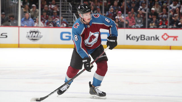DENVER, COLORADO - NOVEMBER 09: Cale Makar #8 of the Colorado Avalanche looks to pass the puck against the Columbus Blue Jackets at Pepsi Center on November 09, 2019 in Denver, Colorado.