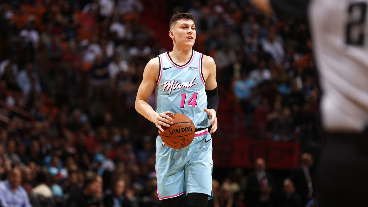 MIAMI, FL - DECEMBER 23: Tyler Herro #14 of the Miami Heat handles the ball during a game against the Utah Jazz on December 23, 2019 at American Airlines Arena in Miami, Florida. Mandatory Copyright Notice: Copyright 2019 NBAE