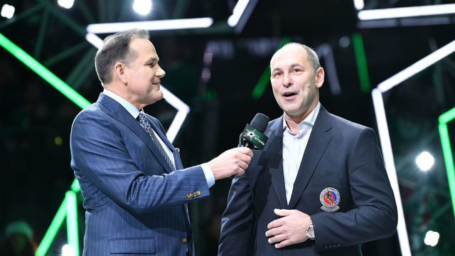 DALLAS, TX - DECEMBER 13: Former Dallas Star Sergei Zubov is recognized for his recent induction into the Hockey Hall of Fame during a pregame ceremony before a game against the Vegas Golden Knights at the American Airlines Center on December 13, 2019 in Dallas, Texas.