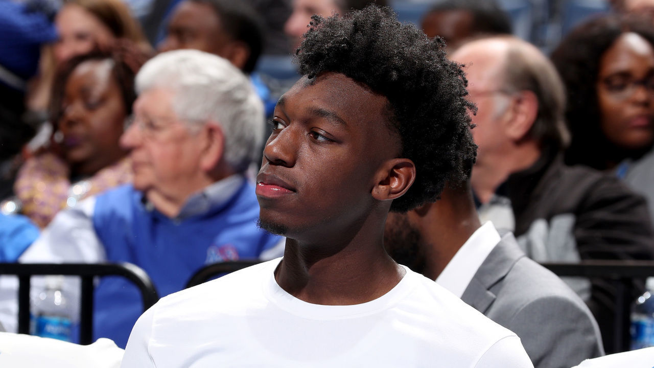 MEMPHIS, TN - NOVEMBER 16: James Wiseman #32 of the Memphis Tigers looks on from the bench against the Alcorn State Braves during a game on November 16, 2019 at FedExForum in Memphis, Tennessee. Memphis defeated Alcorn State 102-56.