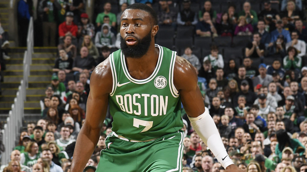 BOSTON, MA - OCTOBER 25: Jaylen Brown #7 of the Boston Celtics handles the ball against the Toronto Raptors on October 25, 2019 at the TD Garden in Boston, Massachusetts. Mandatory Copyright Notice: Copyright 2019 NBAE