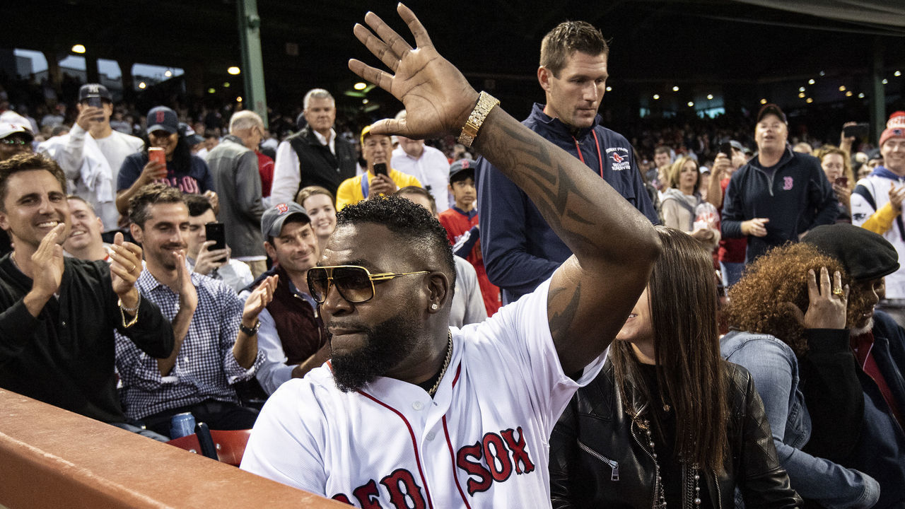 BOSTON, MA - SEPTEMBER 9: Former designated hitter David Ortiz #34 of the Boston Red Sox reacts after throwing out a ceremonial first pitch as he returns to Fenway Park before a game against the New York Yankees on September 9, 2019 at Fenway Park in Boston, Massachusetts.