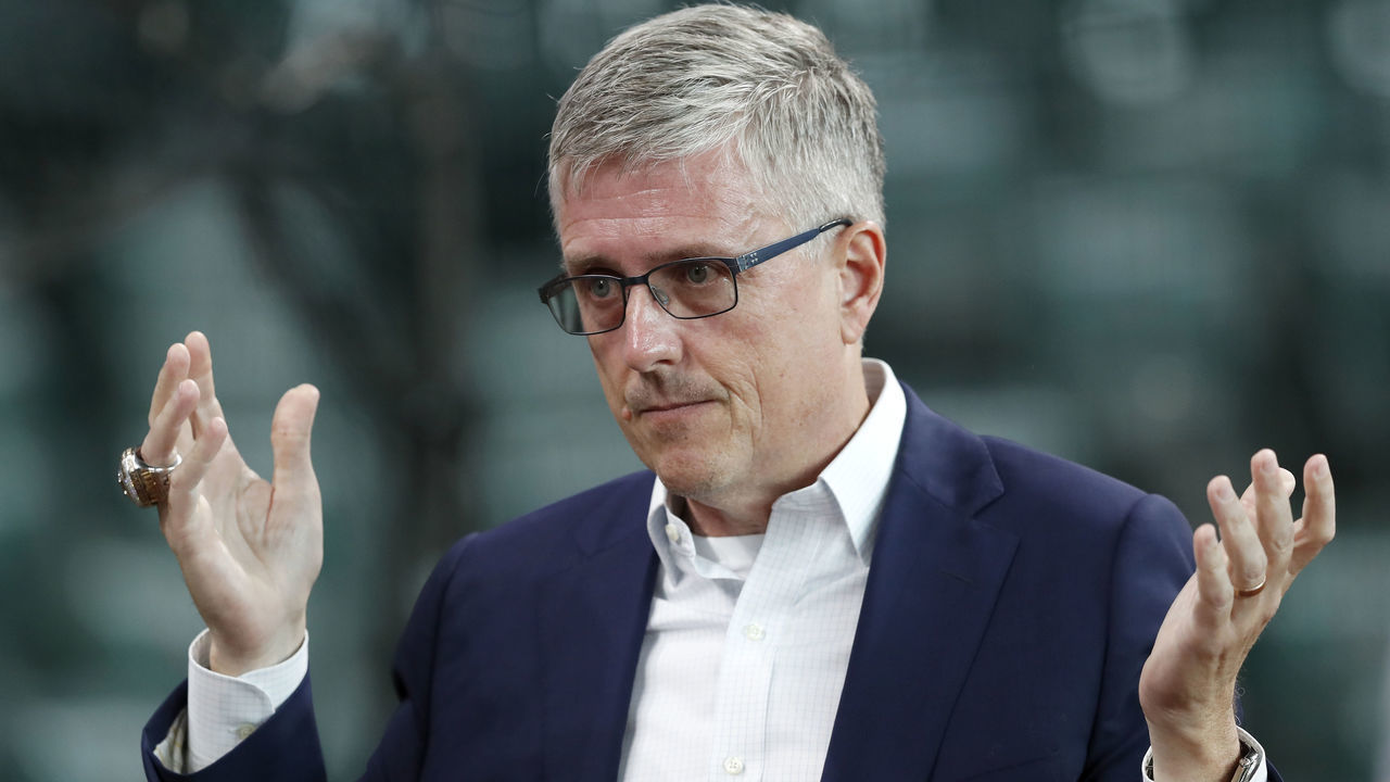 HOUSTON, TX - JUNE 11: General manager Jeff Luhnow of the Houston Astros reacts before the game against the Milwaukee Brewers at Minute Maid Park on June 11, 2019 in Houston, Texas.