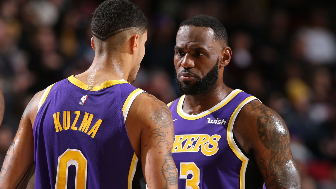 PORTLAND, OR - DECEMBER 6: =la0#2= and LeBron James #23 of the Los Angeles Lakers talk during the game against the Portland Trail Blazers on December 6, 2019 at the Moda Center Arena in Portland, Oregon. Mandatory Copyright Notice: Copyright 2019 NBAE