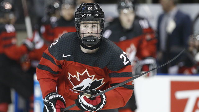 VICTORIA , BC - DECEMBER 21: Alexis Lafreniere #22 of Team Canada skates versus Team Slovakia at the IIHF World Junior Championships at the Save-on-Foods Memorial Centre on December 21, 2018 in Victoria, British Columbia, Canada.