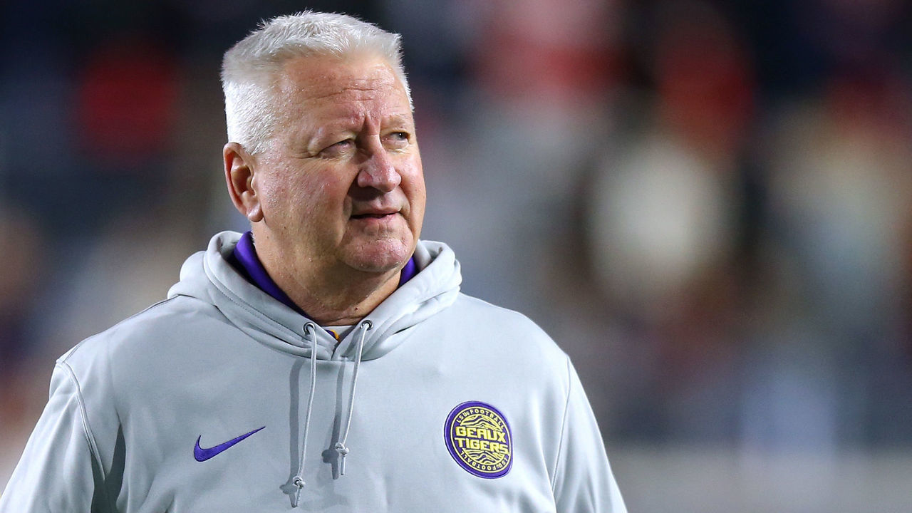 OXFORD, MISSISSIPPI - NOVEMBER 16: Offensive coordinator Steve Ensminger of the LSU Tigers reacts during a game against the Mississippi Rebels at Vaught-Hemingway Stadium on November 16, 2019 in Oxford, Mississippi.