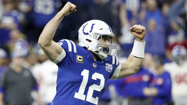 INDIANAPOLIS, INDIANA - DECEMBER 23: Andrew Luck #12 of the Indianapolis Colts celebrates after a touchdown in the game against the New York Giants in the third quarter at Lucas Oil Stadium on December 23, 2018 in Indianapolis, Indiana.
