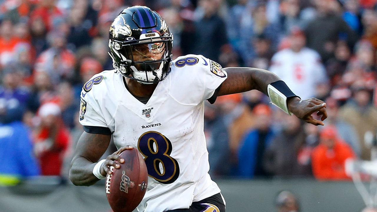 CLEVELAND, OH - DECEMBER 22: Lamar Jackson #8 of the Baltimore Ravens runs with the ball during the game against the Cleveland Browns at FirstEnergy Stadium on December 22, 2019 in Cleveland, Ohio. Baltimore defeated Cleveland 31-15.