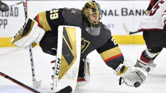 LAS VEGAS, NEVADA - DECEMBER 28: Marc-Andre Fleury #29 of the Vegas Golden Knights saves a shot during the second period against the Arizona Coyotes at T-Mobile Arena on December 28, 2019 in Las Vegas, Nevada.