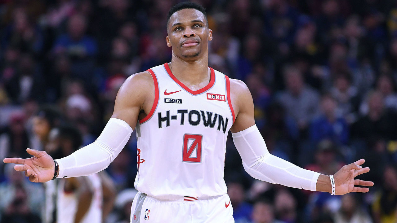 SAN FRANCISCO, CALIFORNIA - DECEMBER 25: Russell Westbrook #0 of the Houston Rockets reacts after he was called for a foul against the Golden State Warriors during the first half of an NBA basketball game at Chase Center on December 25, 2019 in San Francisco, California.