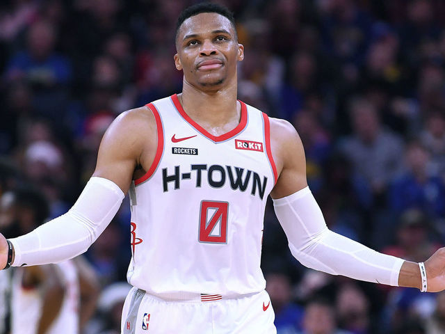 SAN FRANCISCO, CALIFORNIA - DECEMBER 25: Russell Westbrook #0 of the Houston Rockets reacts after he was called for a foul against the Golden State Warriors during the first half of an NBA basketball game at Chase Center on December 25, 2019 in San Francisco, California.