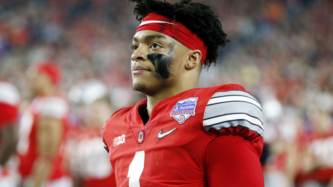 GLENDALE, ARIZONA - DECEMBER 28: Justin Fields #1 of the Ohio State Buckeyes reacts against the Clemson Tigers in the second half during the College Football Playoff Semifinal at the PlayStation Fiesta Bowl at State Farm Stadium on December 28, 2019 in Glendale, Arizona.