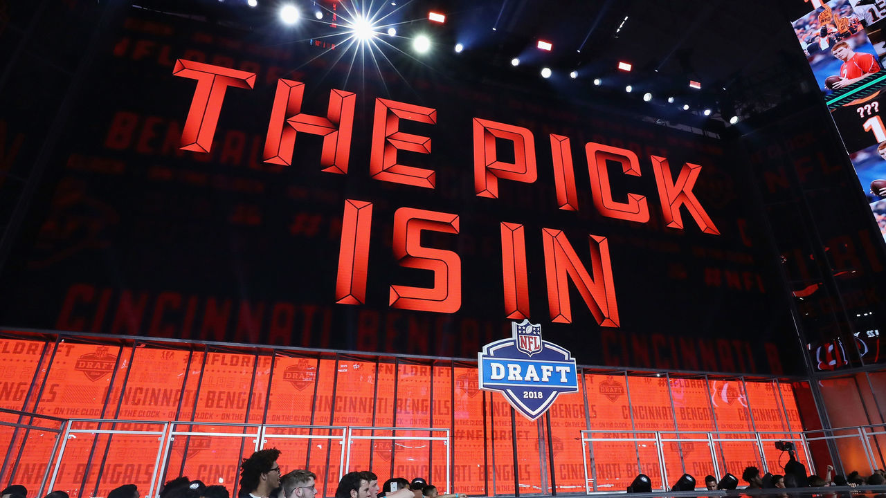 ARLINGTON, TX - APRIL 26: A video board displays the text "THE PICK IS IN" for the Cincinnati Bengals during the first round of the 2018 NFL Draft at AT&T Stadium on April 26, 2018 in Arlington, Texas.
