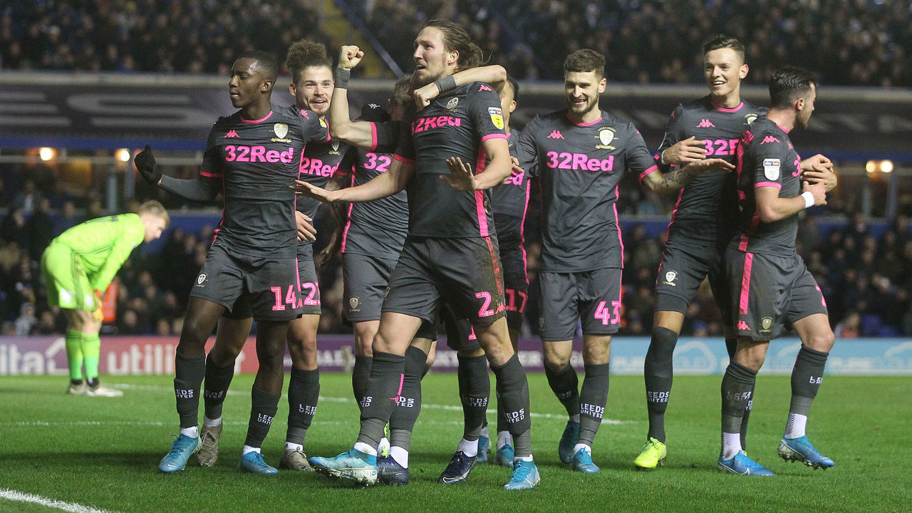 BIRMINGHAM, ENGLAND - DECEMBER 29: Leeds United's Luke Ayling celebrates scoring his sides second goal during the Sky Bet Championship match between Birmingham City and Leeds United at St Andrew's Trillion Trophy Stadium on December 29, 2019 in Birmingham, England.