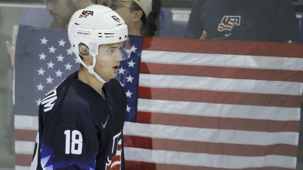 VICTORIA , BC - DECEMBER 26: Oliver Wahlstrom #18 of United States skates against Slovakia during the IIHF World Junior Championships at the Save-on-Foods Memorial Centre on December 26, 2018 in Victoria, British Columbia, Canada.