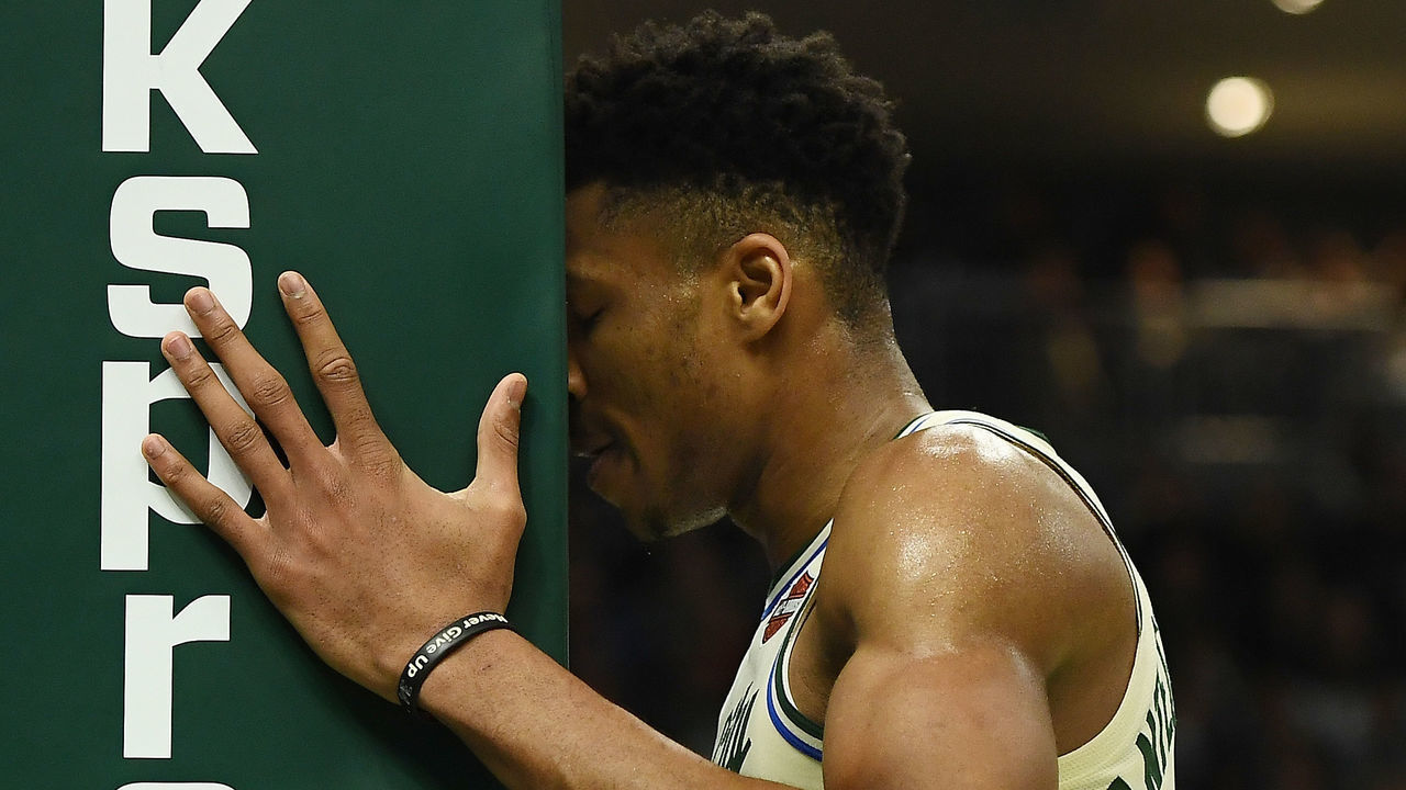 MILWAUKEE, WISCONSIN - DECEMBER 16: Giannis Antetokounmpo #34 of the Milwaukee Bucks reacts to an officials call during a game against the Dallas Mavericks at Fiserv Forum on December 16, 2019 in Milwaukee, Wisconsin.