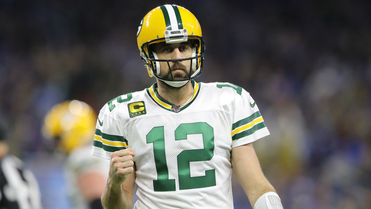 DETROIT, MI - DECEMBER 29: Aaron Rodgers #12 of the Green Bay Packers celebrates his touchdown pass to Davante Adams #17 of the Green Bay Packers in the third quarter against the Detroit Lions at Ford Field on December 29, 2019 in Detroit, Michigan.